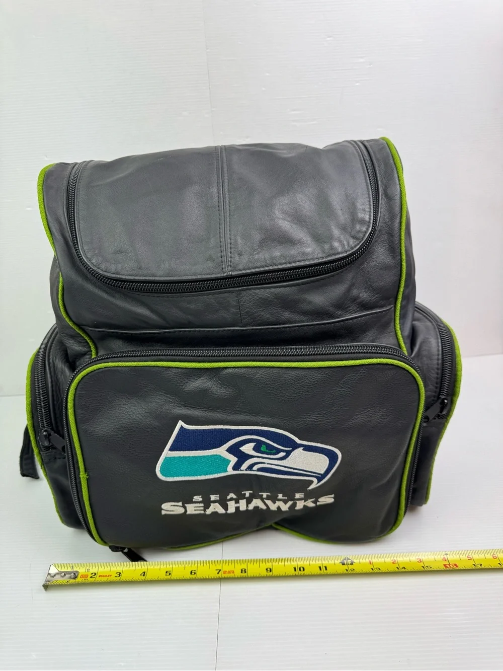 Seattle Seahawks Genuine Leather Backpack VTG Style Black Action Green NFL